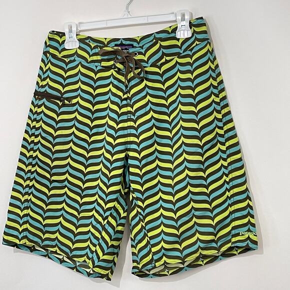 Patagonia Wavefarer Board Shorts Mens 30 Green Stripe Zip Pockets 10" Swim Trunk - Picture 8 of 9
